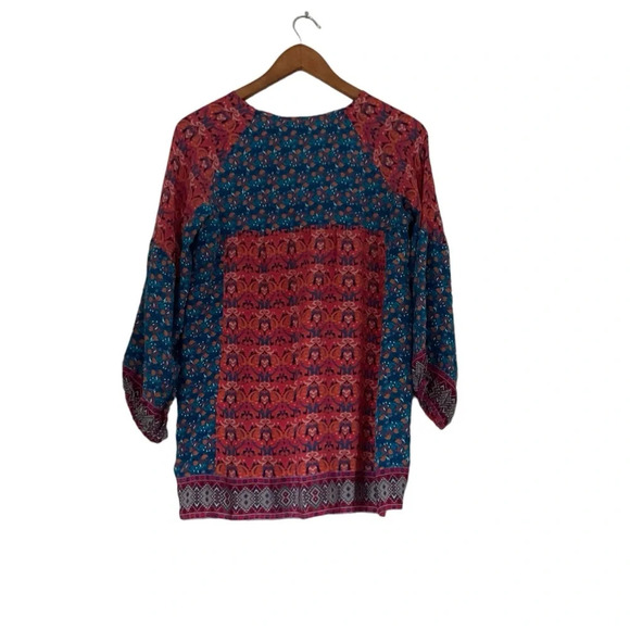 Tolani 100% Silk Top XS Multicolor Popover Peasant Tunic Tie Front Boho Flowy - Picture 2 of 9